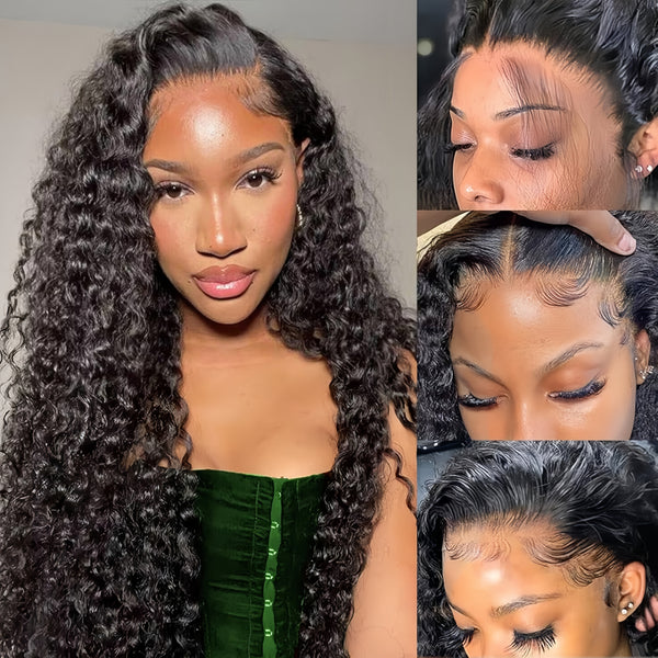 Upgraded Full Lace Wig (All Lace No Mesh) Transparent Lace Human Hair Wig with Invisible Strap Deep Wave