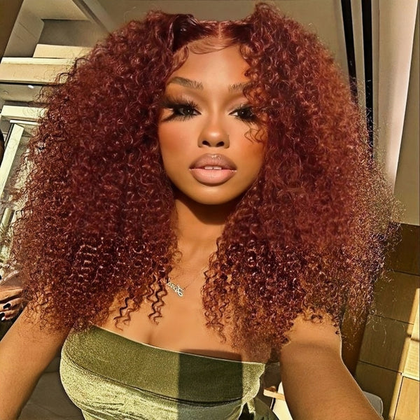 13X4/13X6 Transparent Lace Pre-plucked Reddish Brown Colored Kinky Curly Wig