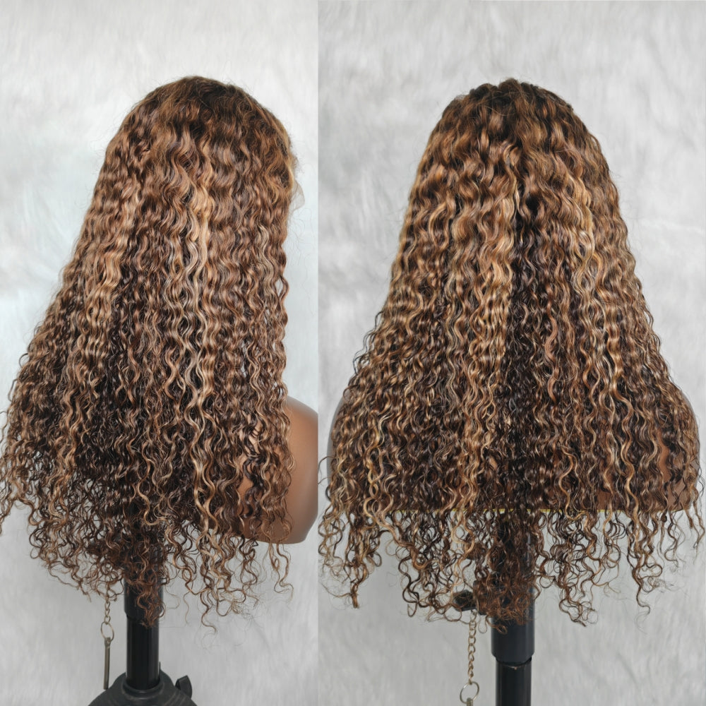 370 Fitted Cap Swiss Lace Curly Edge Highlight Wig With Invisible Adjustable Strap