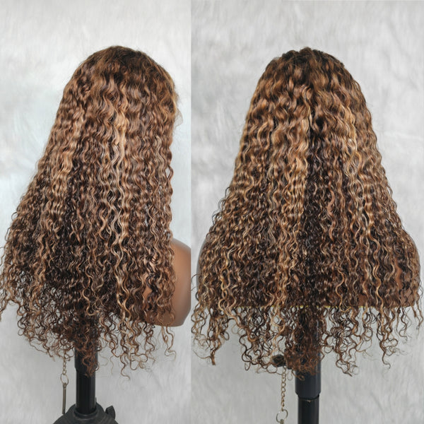 370 Fitted Cap Swiss Lace Curly Edge Highlight Wig With Invisible Adjustable Strap