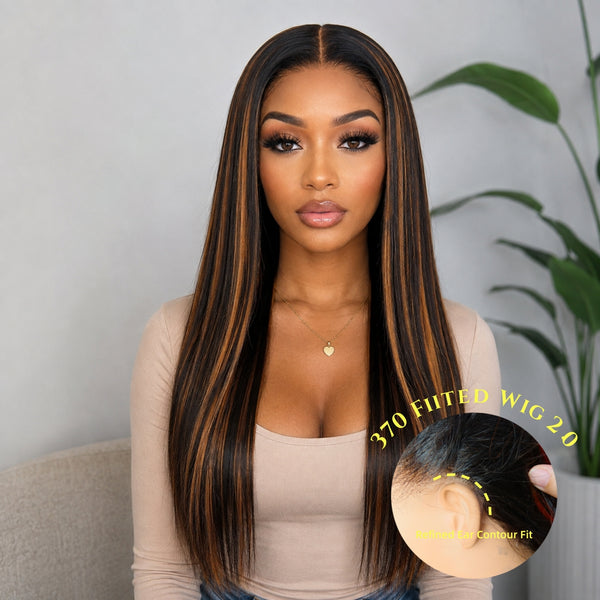 370 Fitted Cap 2.0 Precut Swiss Lace Straight Highlight Wig Invisible Adjustable Strap