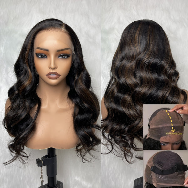 370 Fitted Cap Swiss Lace Body Wave Soft Highlight Wig With Invisible Adjustable Strap