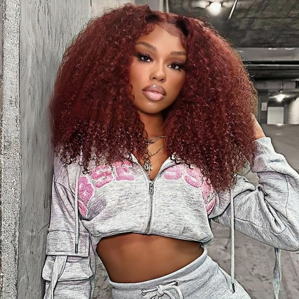 13X4/13X6 Transparent Lace Pre-plucked Reddish Brown Colored Kinky Curly Wig