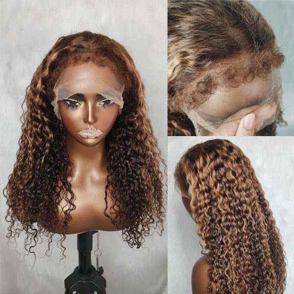 370 Fitted Cap Swiss Lace Curly Edge Highlight Wig With Invisible Adjustable Strap