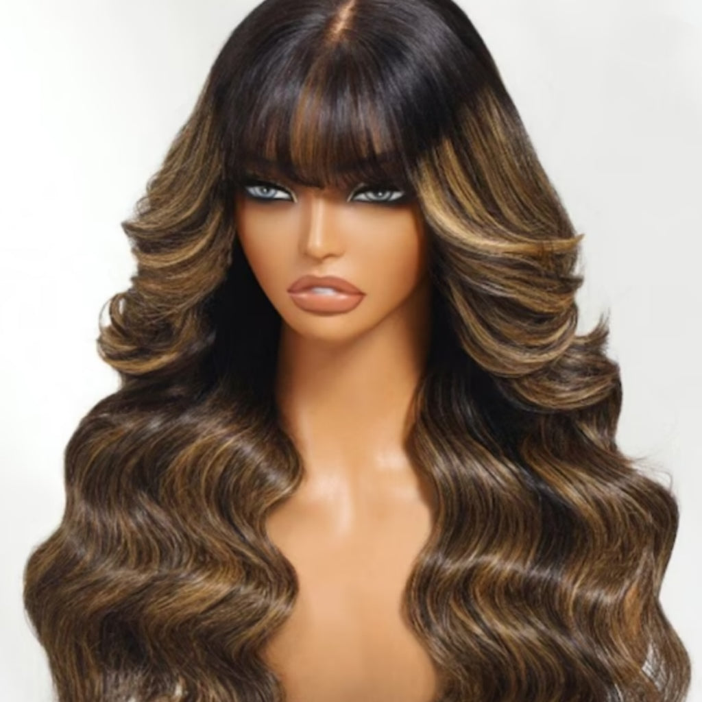 PRE-CUT EAR TAB 360 Lace “Mini-Knotless” Swiss Lace Natural Wave With Bangs with Invisible Adjustable Strap
