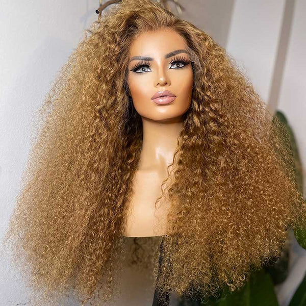 Blonde Color Swiss Lace 13x4 3D Full  Frontal Pre-Plucked Hairline Curly Wig