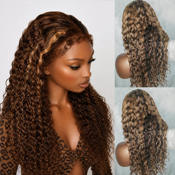 370 Fitted Cap Swiss Lace Curly Edge Highlight Wig With Invisible Adjustable Strap