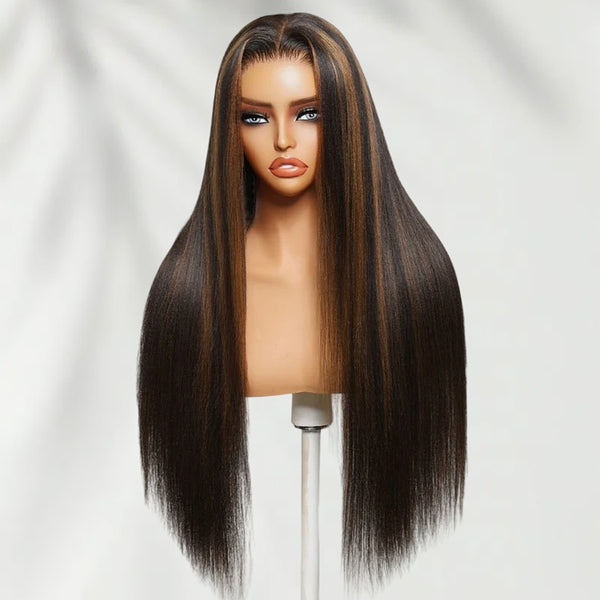 7X5 Drawstring  Pre-Cut Swiss Lace Closure Highlgiht Wig - Yaki Straight