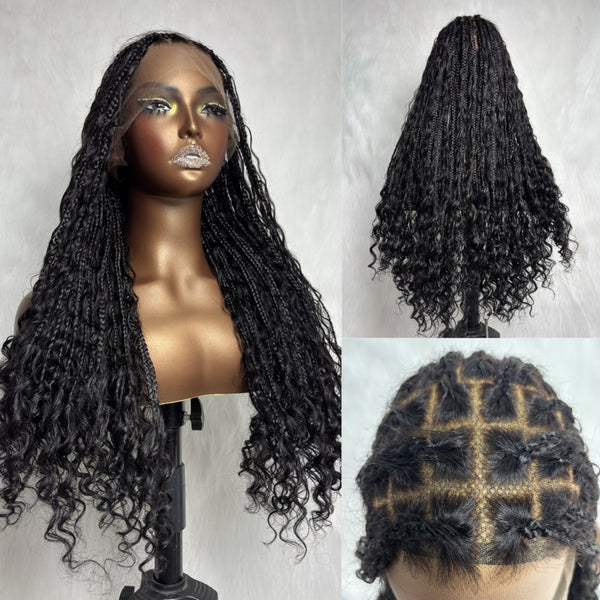 Full Lace Knotless FITTED CAP Boho Curls Braided Long Wig With Invisible Strap