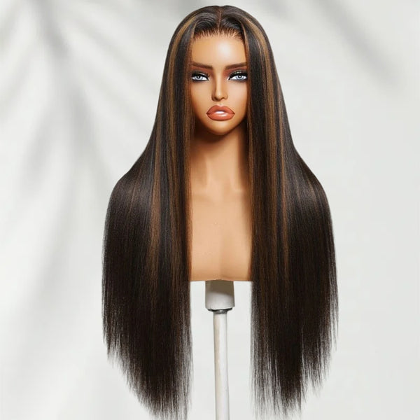 7X5 Drawstring  Pre-Cut Swiss Lace Closure Highlgiht Wig - Yaki Straight