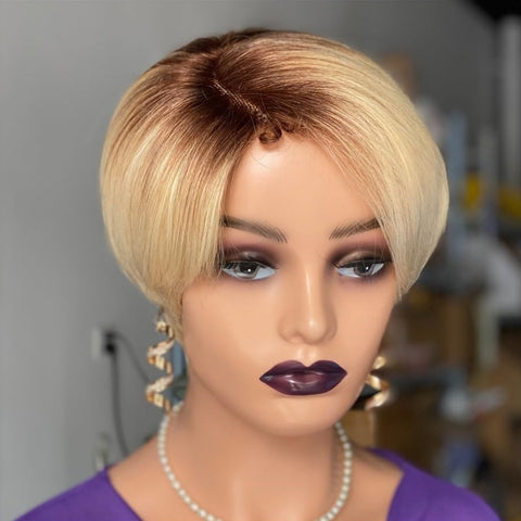 T4/613 Blonde Color Side Part Pixie Cut 5X5/13X4 Frontal Wig
