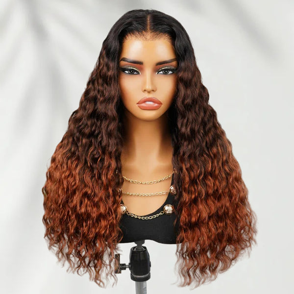 7X5 Drawstring  Pre-Cut Swiss Lace Closure Ombre Brown Copper Wig - Water Wave