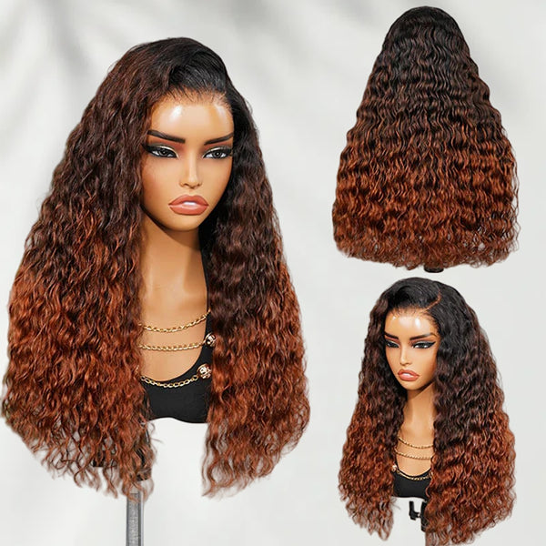 7X5 Drawstring  Pre-Cut Swiss Lace Closure Ombre Brown Copper Wig - Water Wave