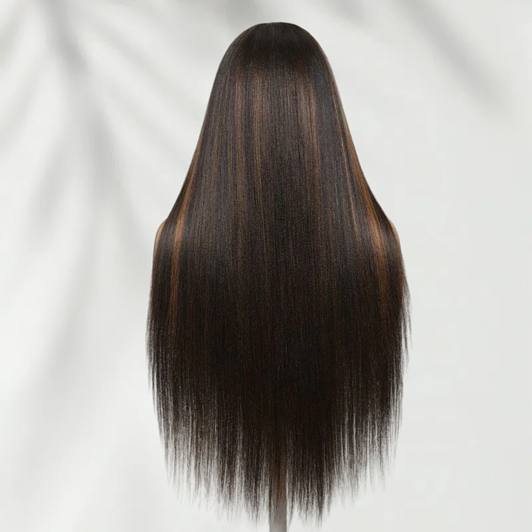 7X5 Drawstring  Pre-Cut Swiss Lace Closure Highlgiht Wig - Yaki Straight