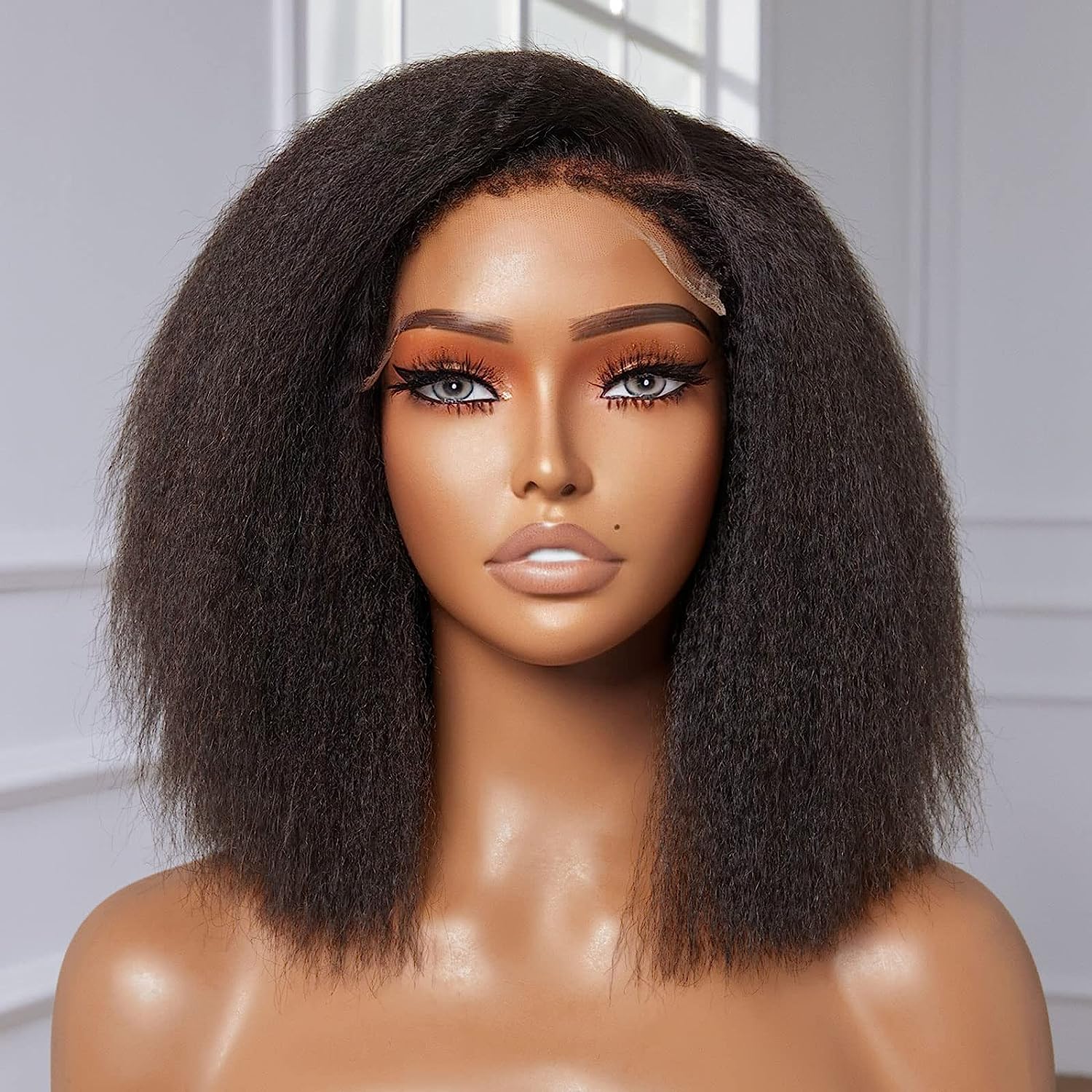 Full Lace Kinky Straight Bob Wig WIth Full  Fake Scalp Wigs