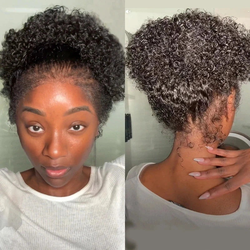 PRE-CUT EAR TAB 360 Lace Swiss Lace Kinky Curly With Invisible Adjustable Strap And Curly Edges All Around