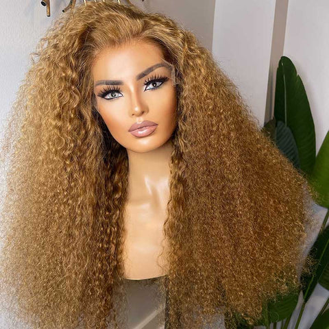 Blonde Color Swiss Lace 13x4 3D Full  Frontal Pre-Plucked Hairline Curly Wig