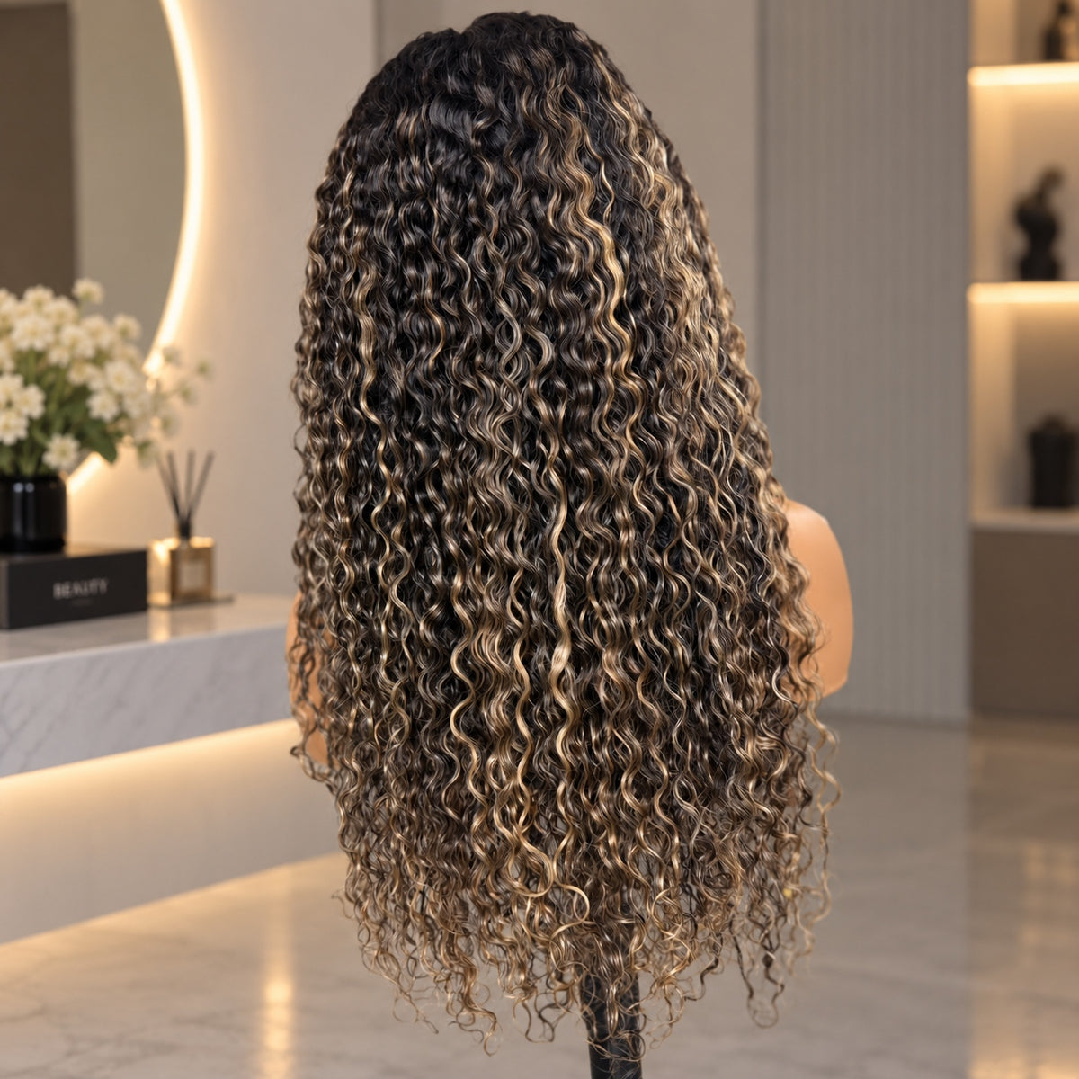 9X6 Drawstring Swiss Lace Wig Curly Champagne Mocha Highlight