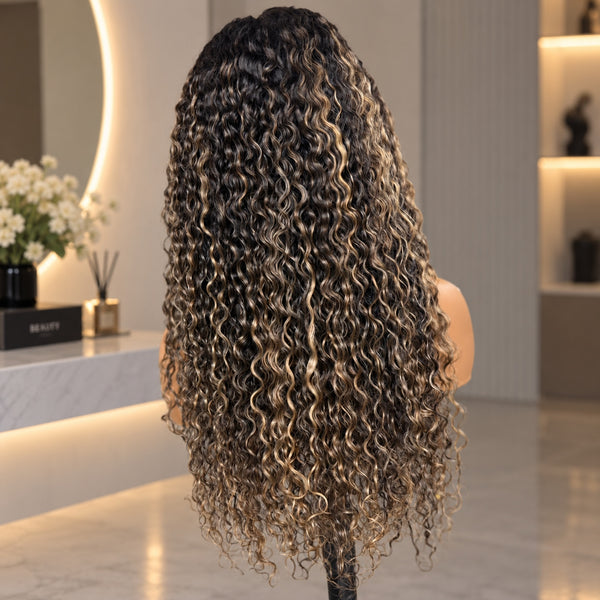 “Mini-Knotless” 9X6 Drawstring Swiss Lace Wig Water Wave Champagne Mocha Highlight