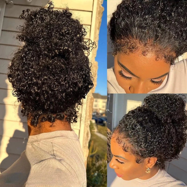 PRE-CUT EAR TAB 360 Lace Swiss Lace Kinky Curly With Invisible Adjustable Strap And Curly Edges All Around
