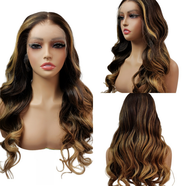 "Mini Knotless"13x6 Fitted Cap Glueless HD Lace Lagos Hairline Body Wave Wig Ombre Highlight