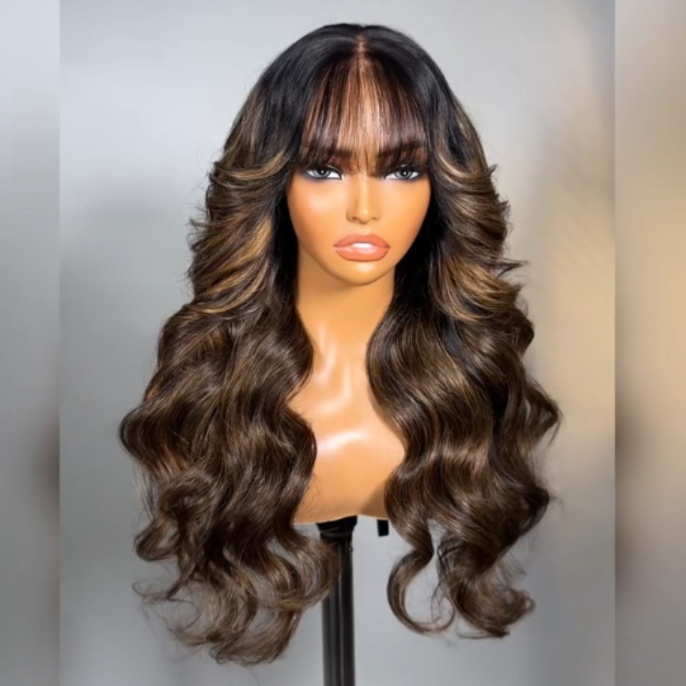 PRE-CUT EAR TAB 360 Lace “Mini-Knotless” Swiss Lace Natural Wave With Bangs with Invisible Adjustable Strap