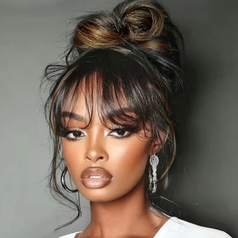 PRE-CUT EAR TAB 360 Lace “Mini-Knotless” Swiss Lace Natural Wave With Bangs with Invisible Adjustable Strap
