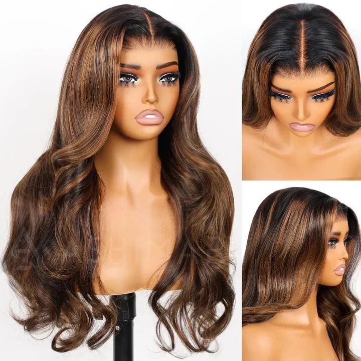 PRE-CUT EAR TAB 360 Lace “Mini-Knotless” Swiss Lace Brown Highlights Natural Wave with Invisible Adjustable Strap