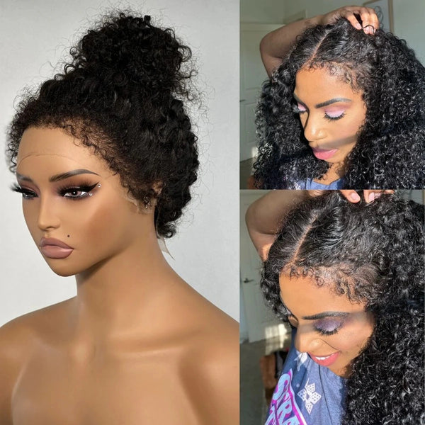 PRE-CUT EAR TAB 360 Lace Swiss Lace Kinky Curly With Invisible Adjustable Strap And Curly Edges All Around