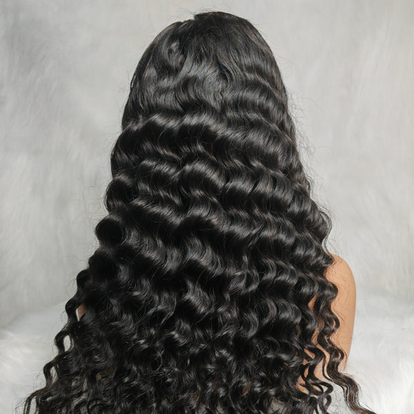 PRE-CUT EAR TAB 360 Lace “Mini-Knotless” Swiss Lace Deep Loose Wave Human Hair Wig with Invisible Adjustable Strap