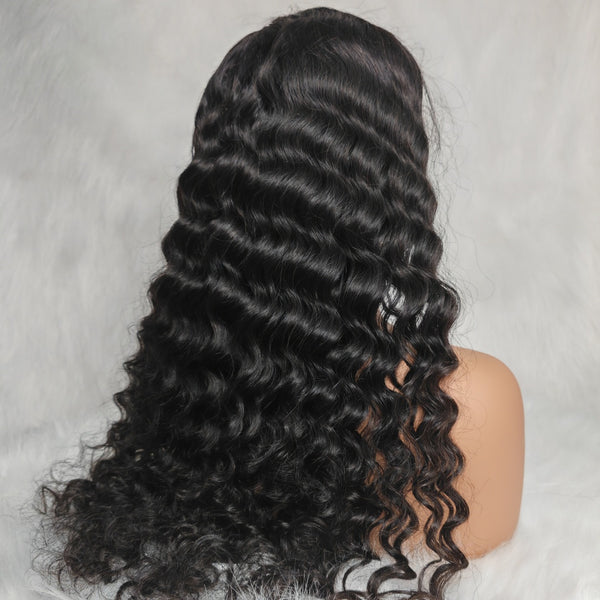 PRE-CUT EAR TAB 360 Lace “Mini-Knotless” Swiss Lace Deep Loose Wave Human Hair Wig with Invisible Adjustable Strap