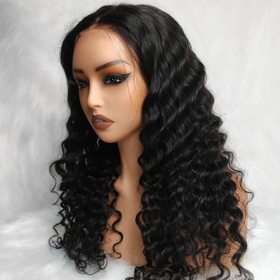 PRE-CUT EAR TAB 360 Lace “Mini-Knotless” Swiss Lace Deep Loose Wave Human Hair Wig with Invisible Adjustable Strap