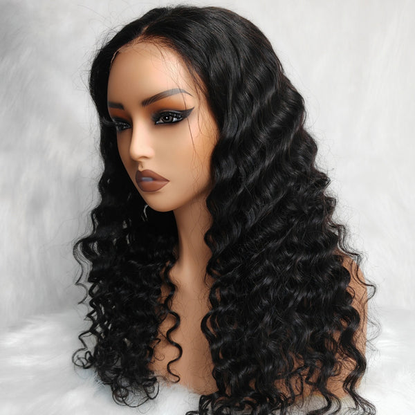 PRE-CUT EAR TAB 360 Lace “Mini-Knotless” Swiss Lace Deep Loose Wave Human Hair Wig with Invisible Adjustable Strap