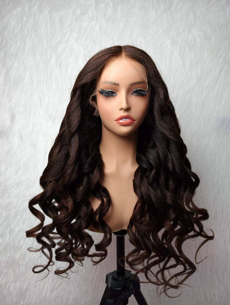 13x6 Fitted Cap Glueless HD Lace Super Pre-Plucked Wig Brown Yaki Wave