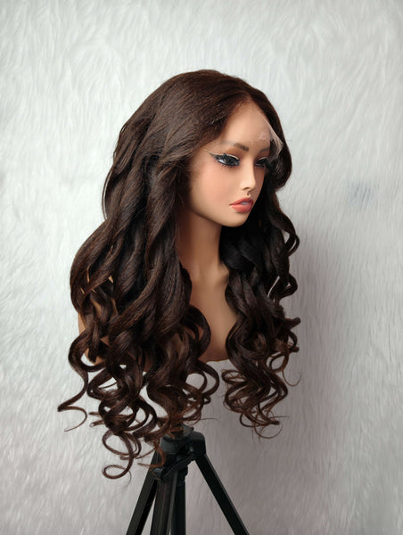 13x6 Fitted Cap Glueless HD Lace Super Pre-Plucked Wig Brown Yaki Wave