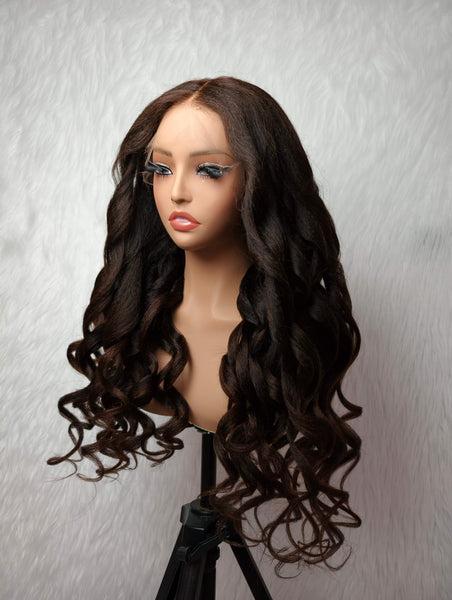 13x6 Fitted Cap Glueless HD Lace Super Pre-Plucked Wig Brown Yaki Wave