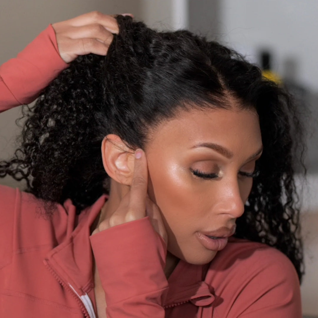 PRE-CUT EAR TAB 360 Lace “Mini-Knotless” Swiss Lace Curly With Invisible Adjustable Strap