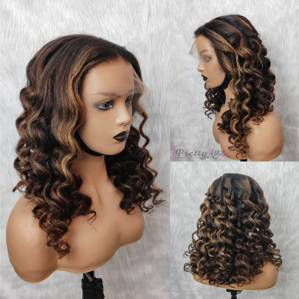 13x6 Fitted Cap Glueless HD Lace Highlight Super Pre-Plucked Hairline Kinky Loose Wig