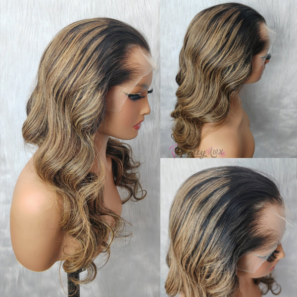 Pre-curled Pre-Lux PRESHAPED Natural Hairline 13x6 Lace Side Parting Highlight Color Body Wave Wavy Wig