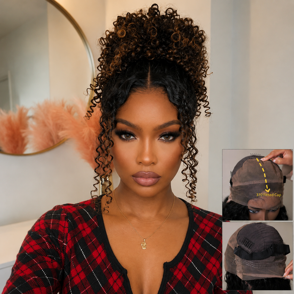 370 Fitted Cap Swiss Lace Ombre Wig Invisible Adjustable Strap Burmese Curly with Coily Ends
