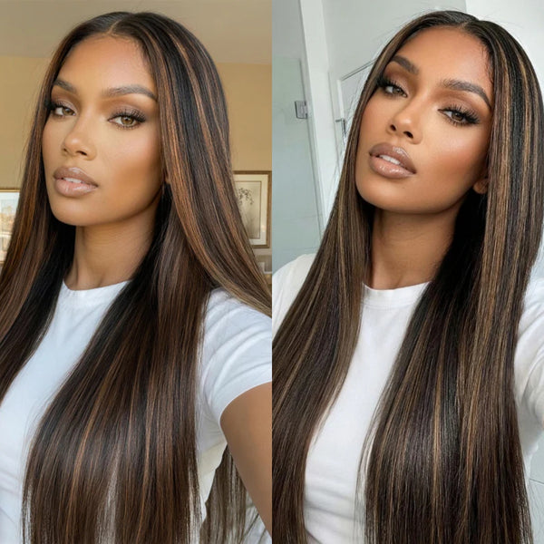7X5 Drawstring  Pre-Cut Swiss Lace Closure Highlgiht Wig - Yaki Straight
