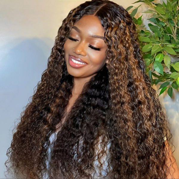 7X5 Drawstring  Pre-Cut Swiss Lace Closure Highlgiht Wig - Water Wave