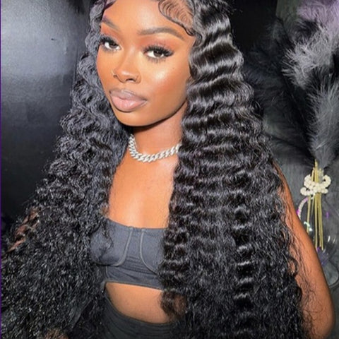 13x6 Full Frontal Drawstring  Pre-Cut Swiss Lace Closure Wig - Deep Wave