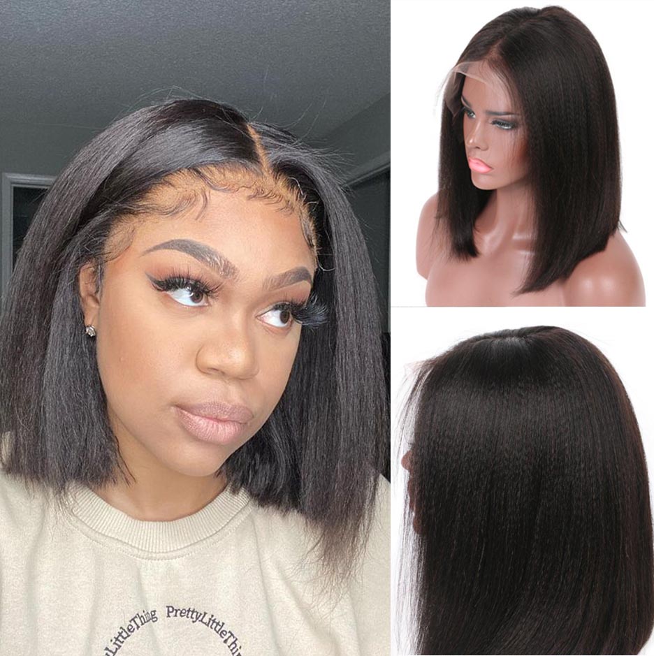 Full Lace Yaki Straight Bob Wig WIth Full  Fake Scalp Wigs