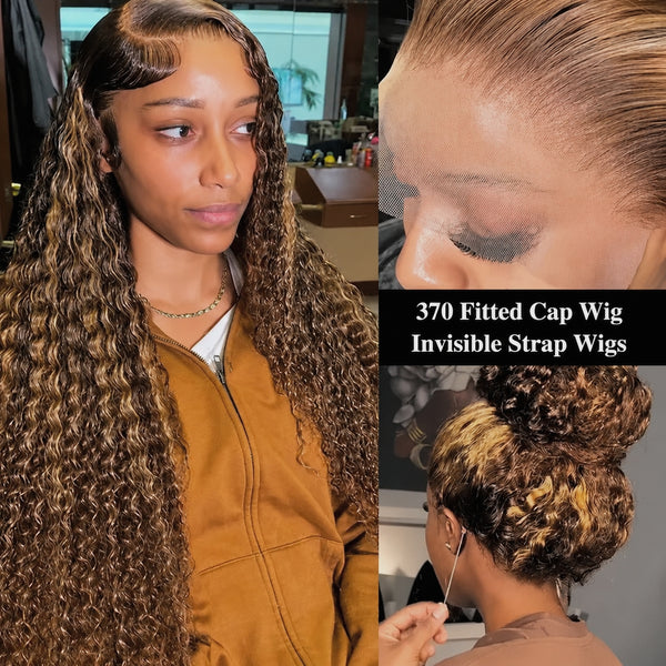 370 Fitted Cap Swiss Lace Highlight Wig Invisible Adjustable Strap Deep Wave