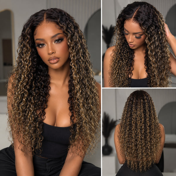 “Mini-Knotless” 9X6 Drawstring Swiss Lace Wig Water Wave Champagne Mocha Highlight