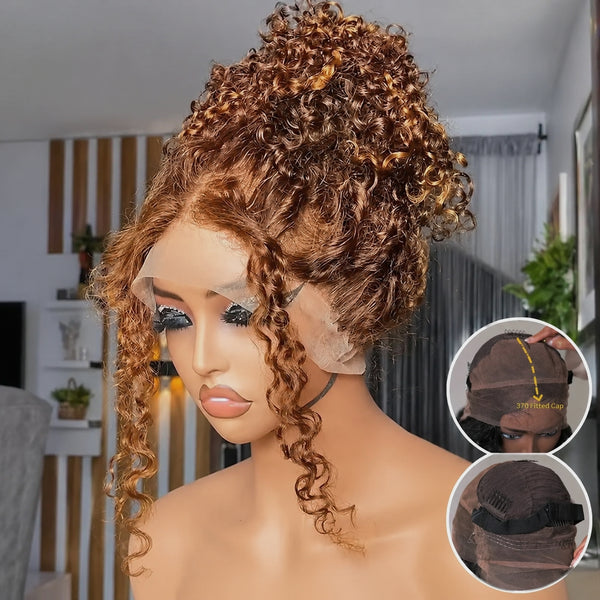 370 Fitted Cap Swiss Lace Highlight Wig Invisible Adjustable Strap Deep Wave
