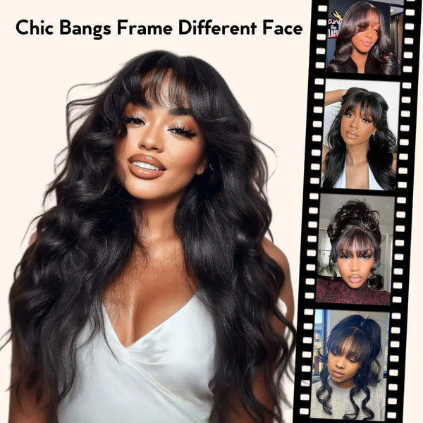 PRE-CUT EAR TAB 360 Lace “Mini-Knotless” Swiss Lace Natural Wave With Bangs with Invisible Adjustable Strap