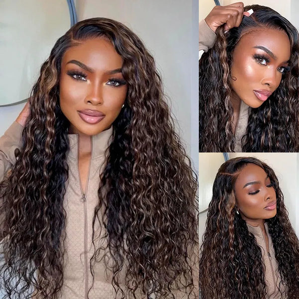 Brown Highlight "Mini Knotless" 13x6 HD Lace Super Pre-plucked Hairline 250% Density Wig - Water Wave