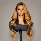 370 Fitted Cap Swiss Lace Layered Highlight Wavy Wig With Invisible Adjustable Strap